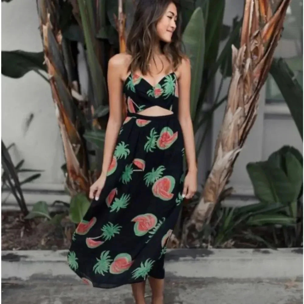 Reformation Black and Green Midi Dress